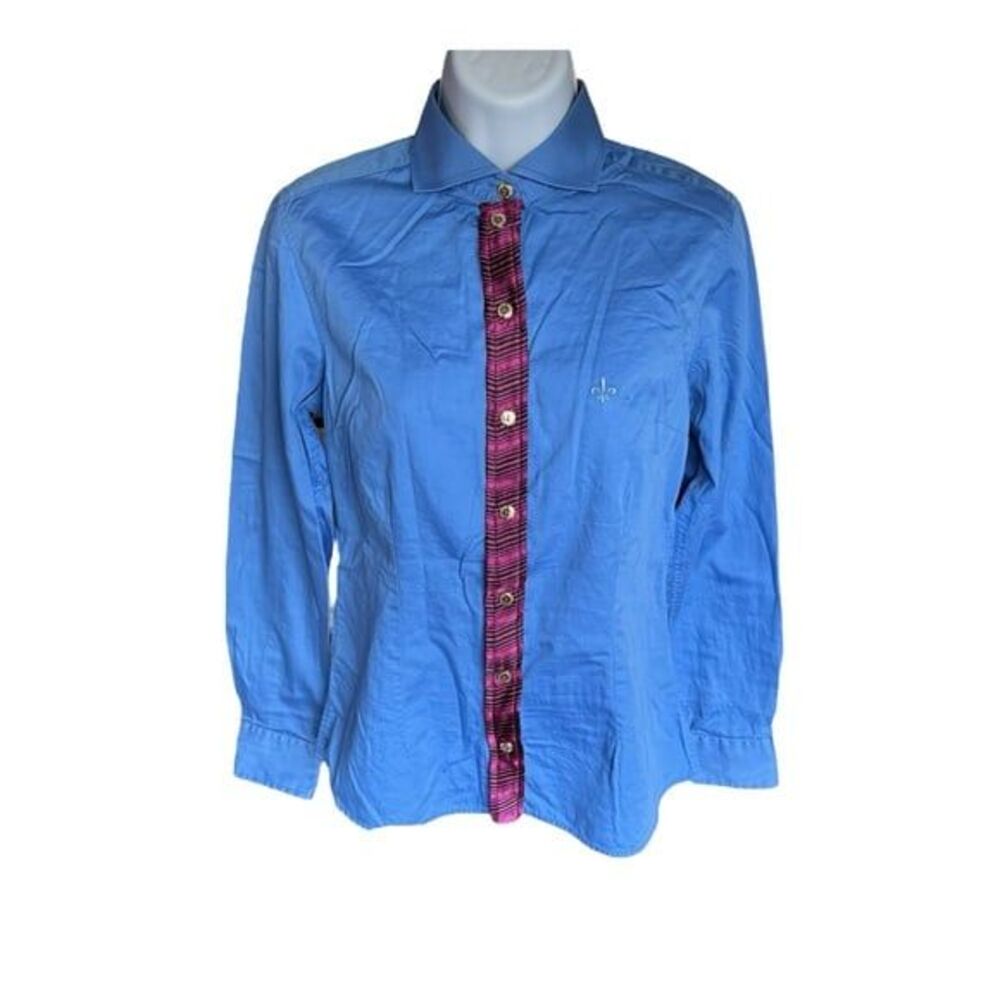 Blue Button Down Shirt with Pink Accents